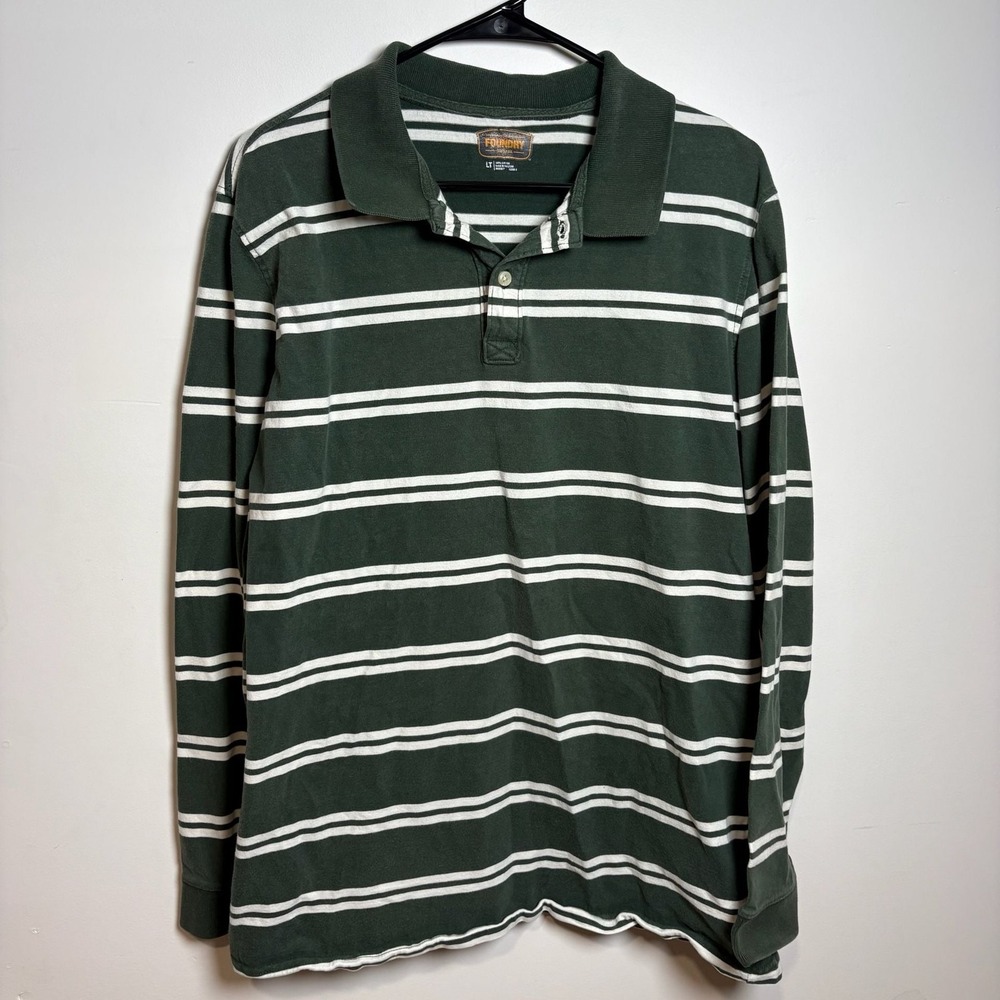 The Foundry Supply Co. Green and White Striped Long Sleeve Polo Shirt LT